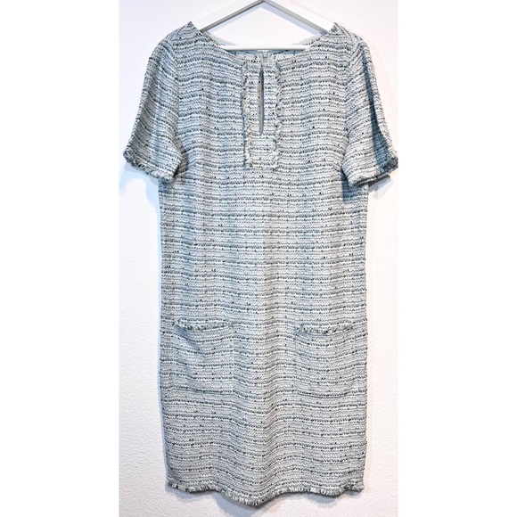 St. John Collection ‘Riana’ Tweed Fringe Split-neck Mint Green & Blue Dress - Picture 7 of 16